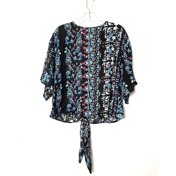 Farktop Women's Floral Blouse V Neck Tie Chiffon Shirt Size M Black Boho - Picture 2 of 11